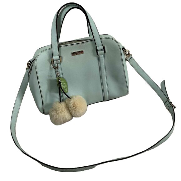 Kate Spade Light Blue Satchel Handbag Shoulder Strap PomPom Charm Vintage Spring - Picture 3 of 16